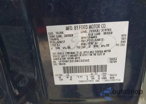 2005 Ford F-150 Lariat/Xlt из США, поврежденный, VIN 1FTPW12515KC03342